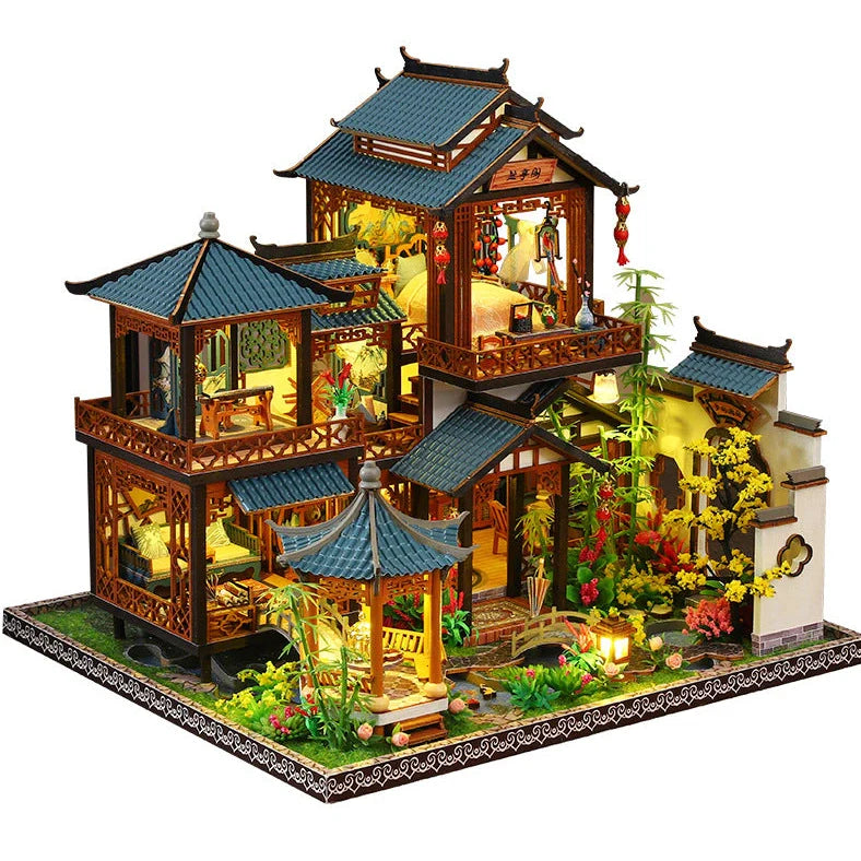 Wooden Chinese courtyard villa architectural model with traditional lantern elements, dimensions 30×27×27cm