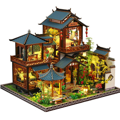 Wooden Chinese courtyard villa architectural model with traditional lantern elements, dimensions 30×27×27cm