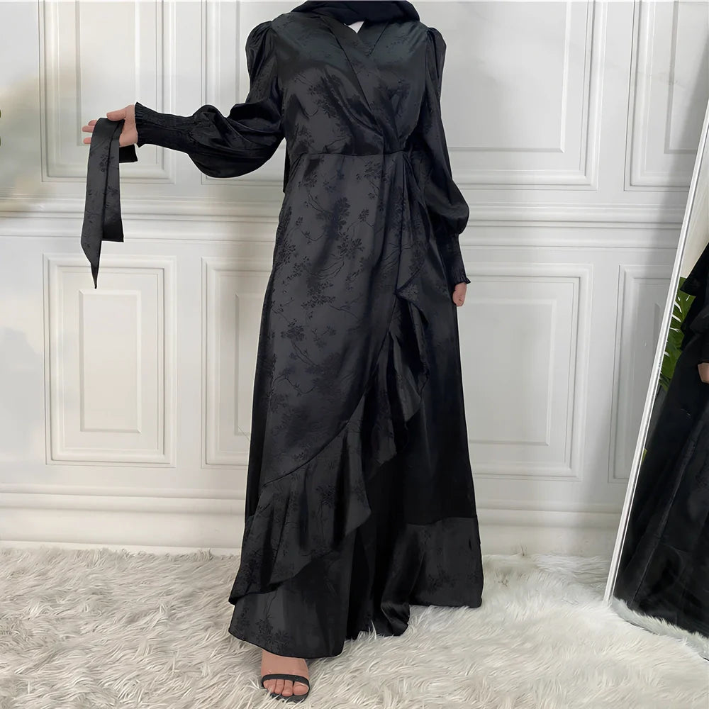 Women's patchwork Muslim dress with satin printing in green, black, pink, gold, or apricot colours