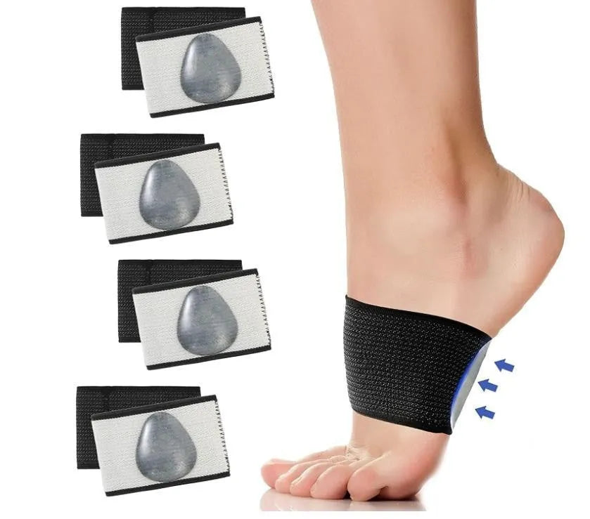 A pair of PU elastic arch support foot pads, shown in both heart style and ordinary plain style.