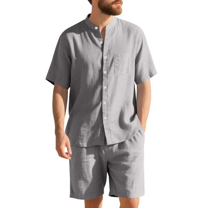 Men's light blue linen blend summer suit with short sleeve Henry collar jacket and matching shorts