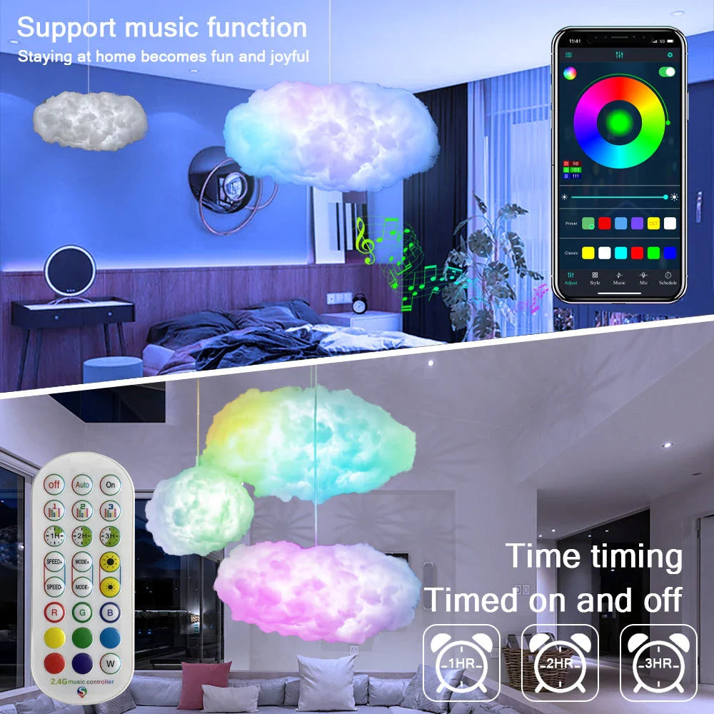 Magical cloud-shaped lighting fixture with color-changing LED lights and wireless music sync capability