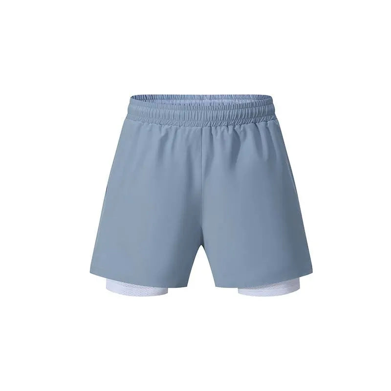Men's black double-layer sports shorts with spandex liner for running and fitness activities