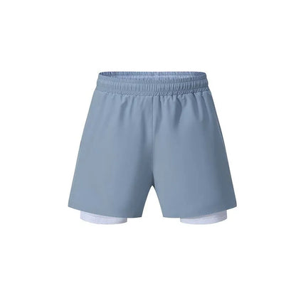 Men's black double-layer sports shorts with spandex liner for running and fitness activities