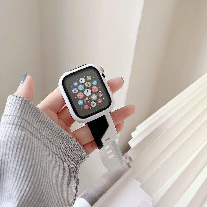 Silicone Watch Strap and Protective Case for Apple Watch 38mm 40mm 41mm 44mm 45mm, Two-Colour Black White Black Grey Black Red Pink White Black Yellow Midnight Blue Forest Green Grey Yellow, Smartwatch Band Cover