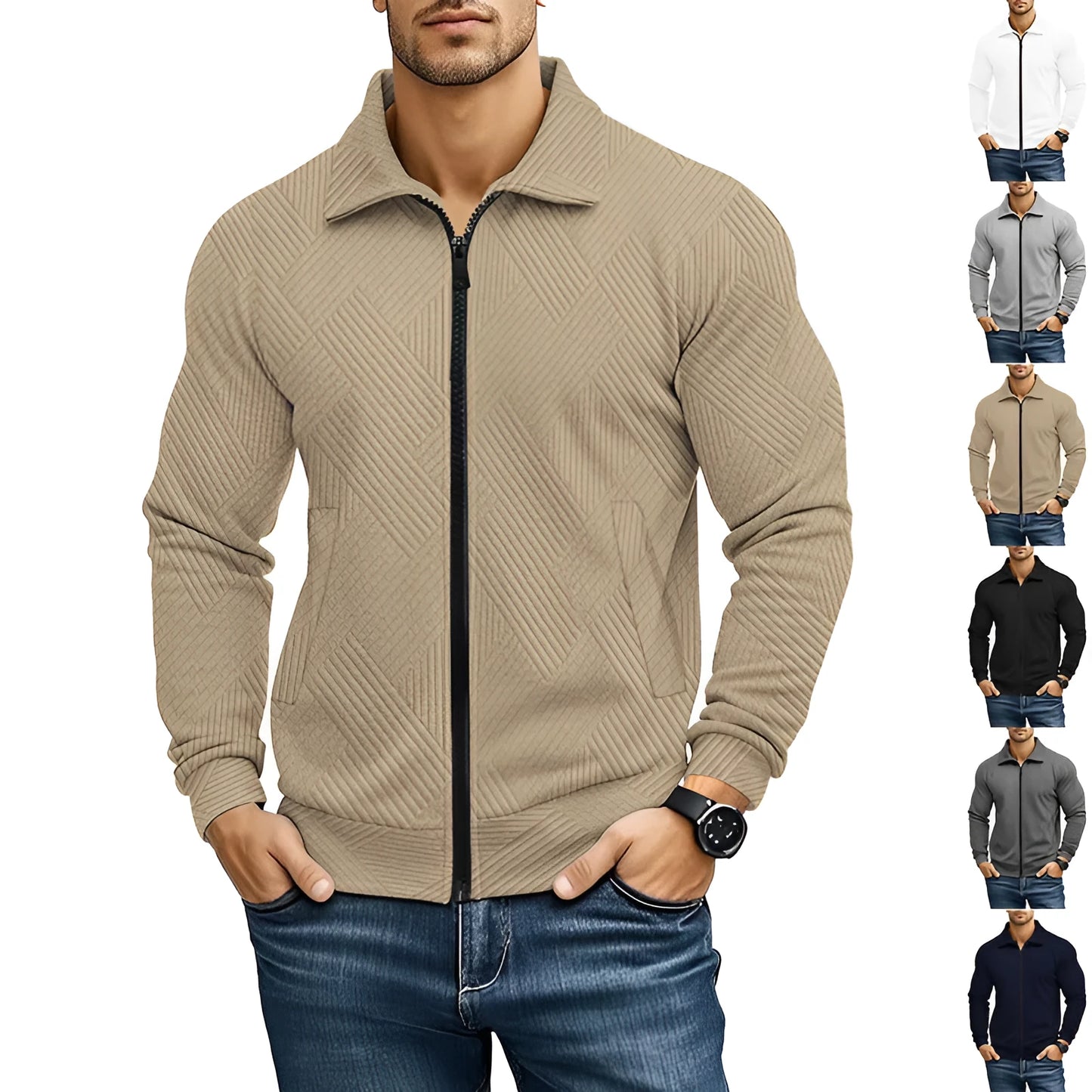Men's casual waffle texture jacket with turn-down collar in solid colour