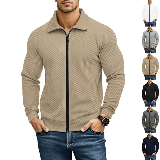 Men's casual waffle texture jacket with turn-down collar in solid colour