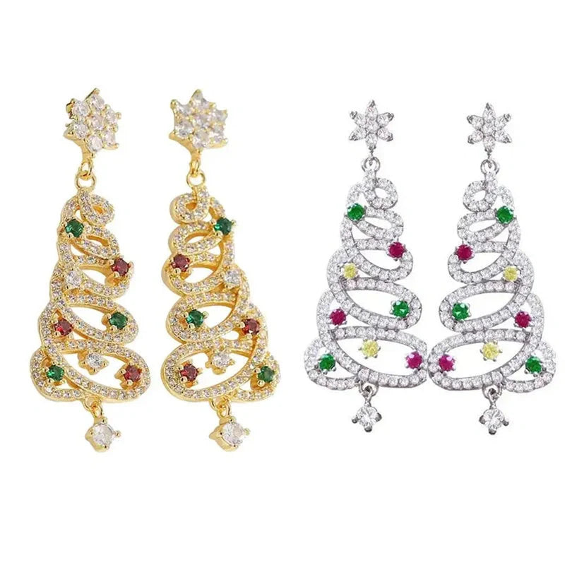 Colorful zircon Christmas tree tassel earrings for women, available in white K and gold.