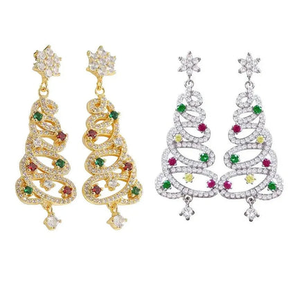 Colorful zircon Christmas tree tassel earrings for women, available in white K and gold.