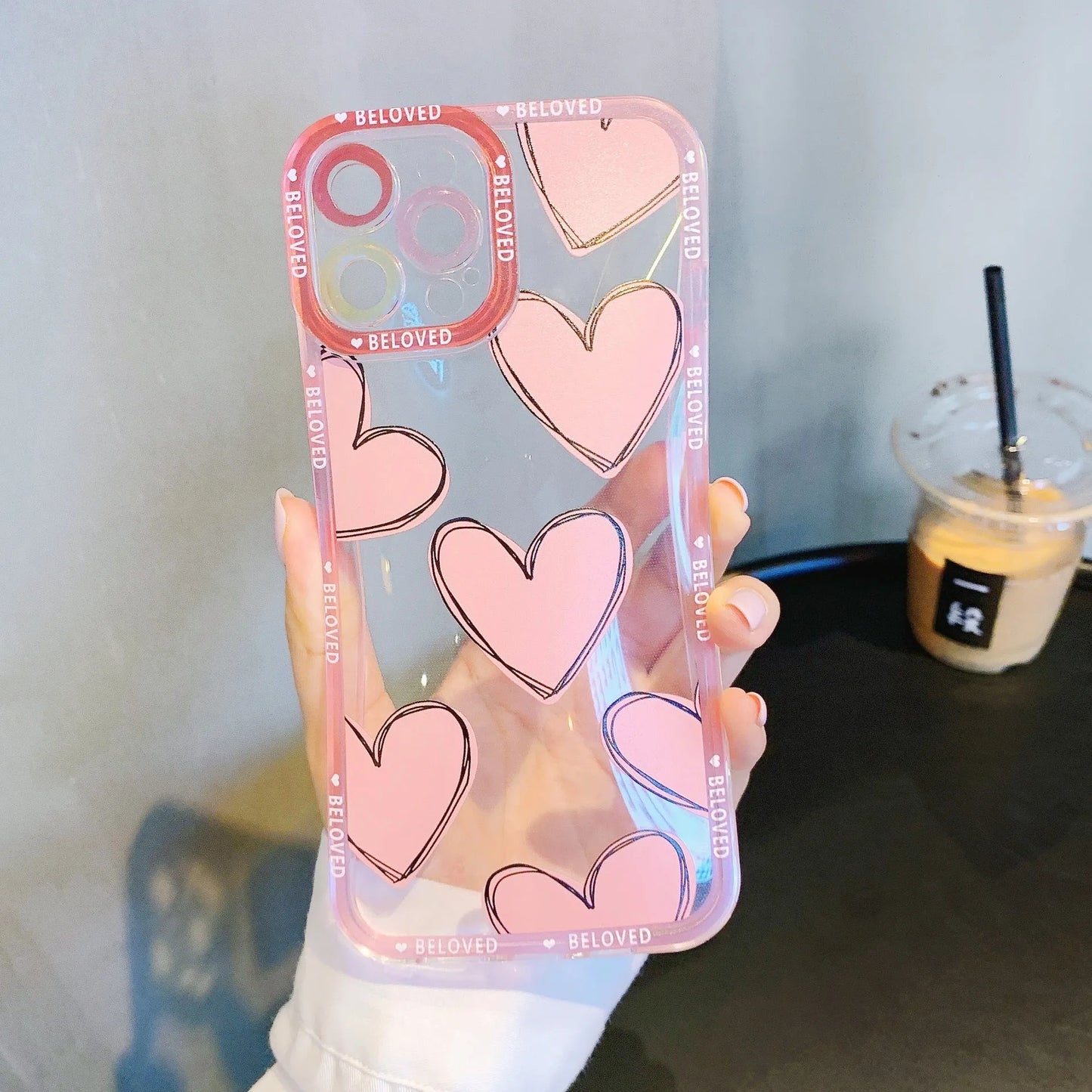 Pink and red love heart design TPU back cover case for compatible iPhone models.