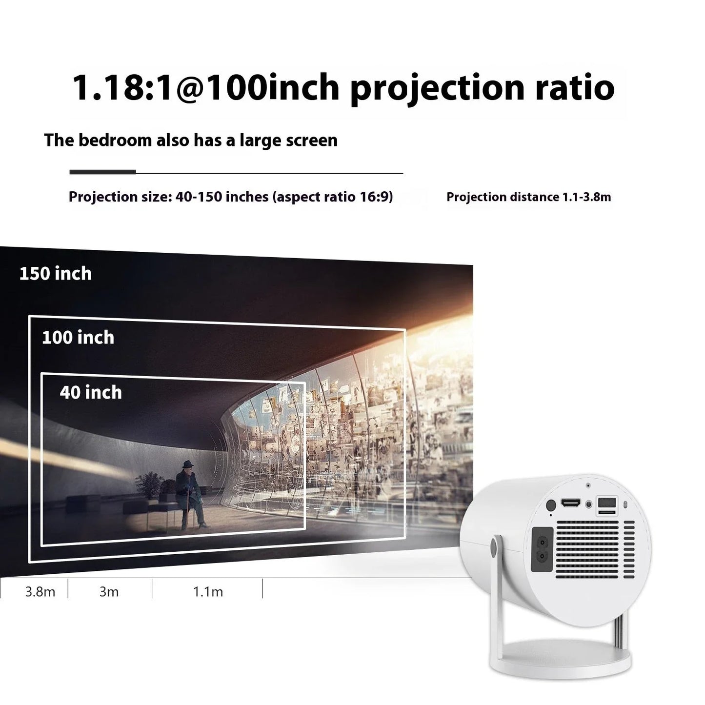 Compact home theater projector with 180-degree projection angle, automatic focus, and 4K video support for immersive entertainment experience