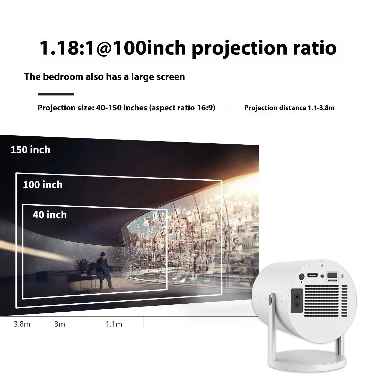 Compact home theater projector with 180-degree projection angle, automatic focus, and 4K video support for immersive entertainment experience