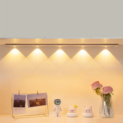 Silver LED inductive light strip, 40cm length, attached to shoe cabinet shelf with 3M adhesive