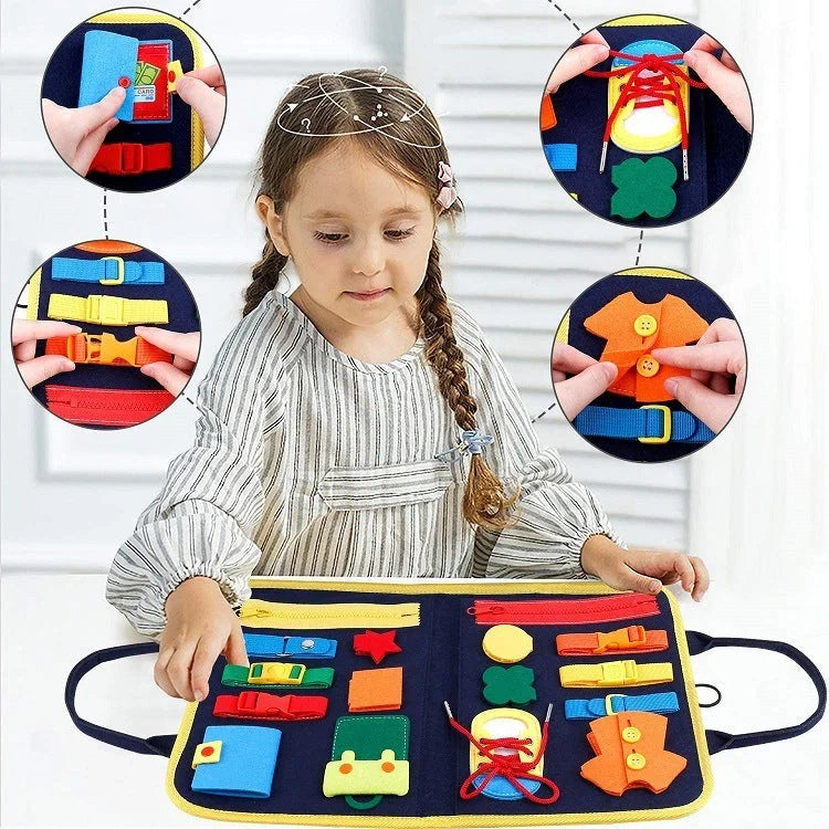 Children's busy board with dressing and buttoning features for early learning