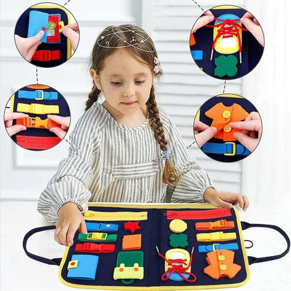 Children's busy board with dressing and buttoning features for early learning