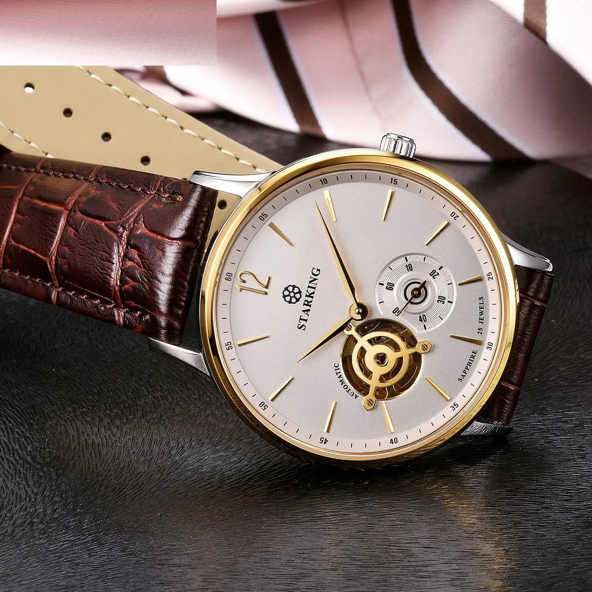 Automatic mechanical men's business watch with brown leather strap and circular dial showing 11mm thickness