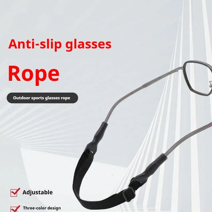 Black adjustable glasses cord strap with silicone earpiece tips shown in adult and children's styles