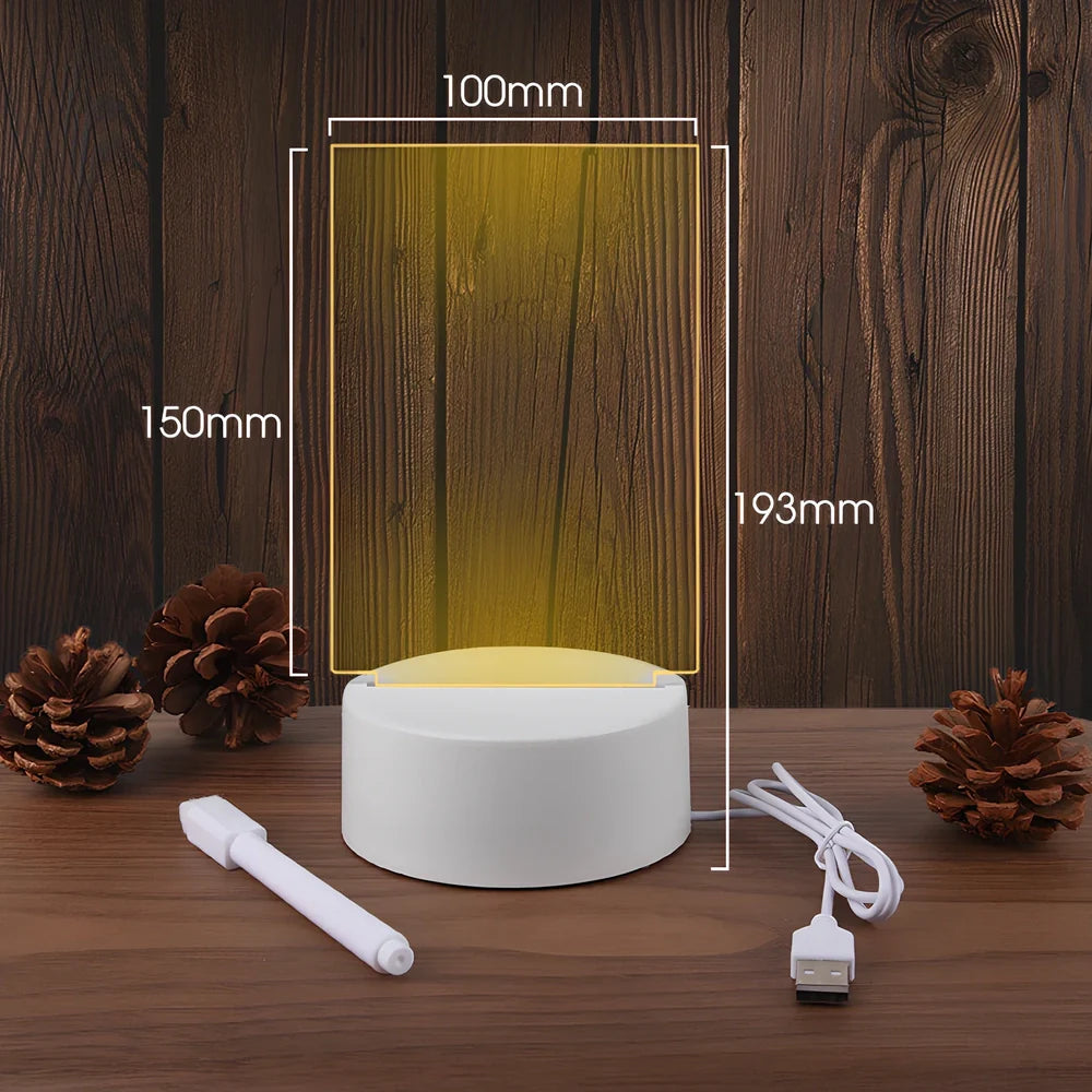 Transparent luminous acrylic desktop tablet with USB warm yellow light, 193mm x 100mm size, includes pen for writing