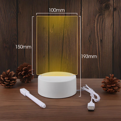 Transparent luminous acrylic desktop tablet with USB warm yellow light, 193mm x 100mm size, includes pen for writing