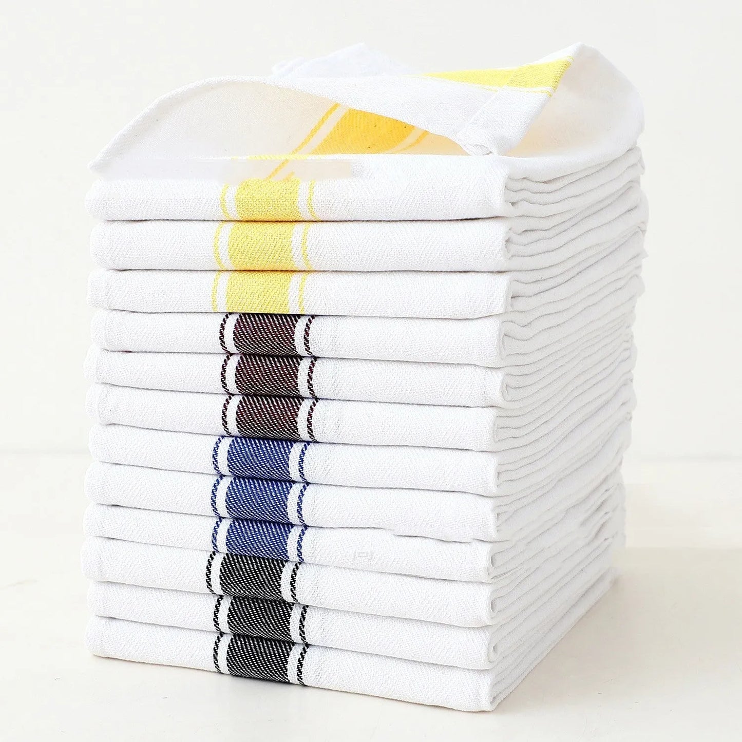 Set of 12 striped kitchen dish towels in five colours showing 48x70cm dimensions and cotton blend material