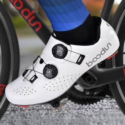 White cowhide leather cycling shoes with shock-absorbing non-slip design, sizes 39-45