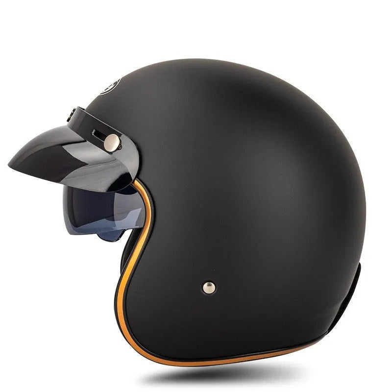 Retro-style motorcycle half helmet in ABS construction showing colour options and size range from S to XXL