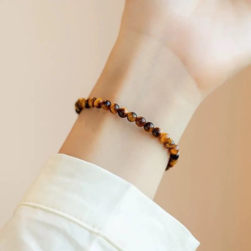 Handcrafted geometric tigereye bracelet in new Chinese style, showing 4mm, 6mm, and 8mm bead size options.