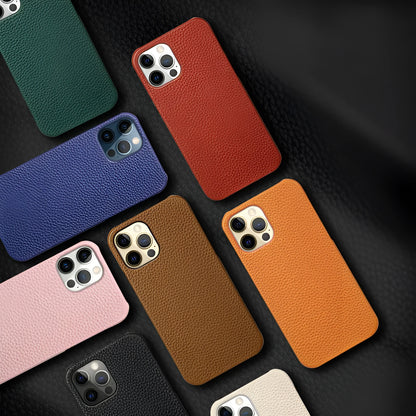 Genuine leather protective mobile phone case for Apple iPhone in multiple colours, showing half-line break design.