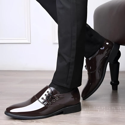 Men's black and brown formal business shoes with round toe, square heel and rubber sole