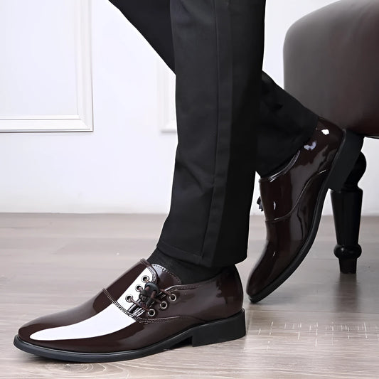 Men's black and brown formal business shoes with round toe, square heel and rubber sole