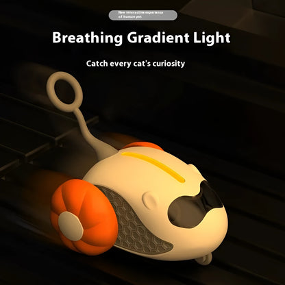 Remote control cat toy with feather teaser on moving car, shown in blue and orange colour options