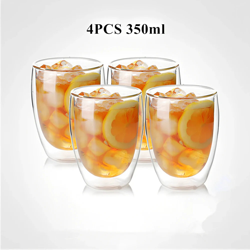 Clear double-layer glass coffee cup with Chinese-style design showing insulating air gap between walls