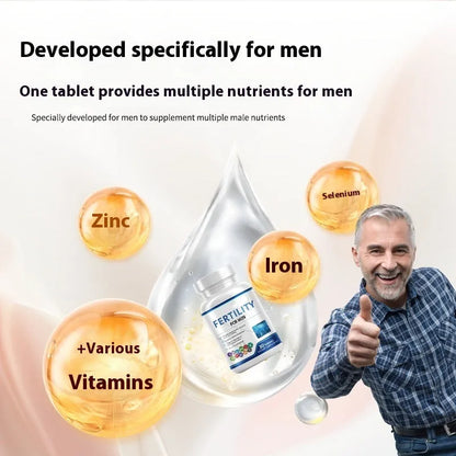 Bottle of 60 male fertility tablets with COMLEX vitamin mineral amino acids formula