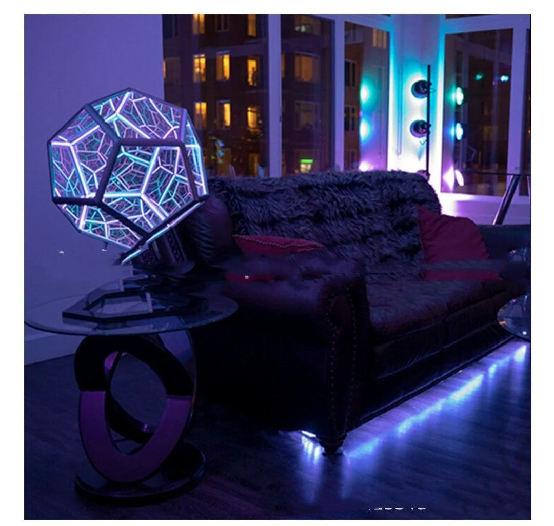 Infinite Dodecahedron LED Galaxy Projector Lamp displaying colorful patterns