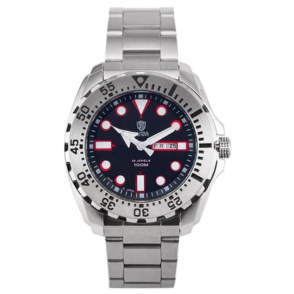 Men's waterproof luminous sports watch showing blue dial with steel strap option