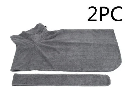 Absorbent dog bathrobe made of soft microfiber material with adjustable waist strap for a custom fit