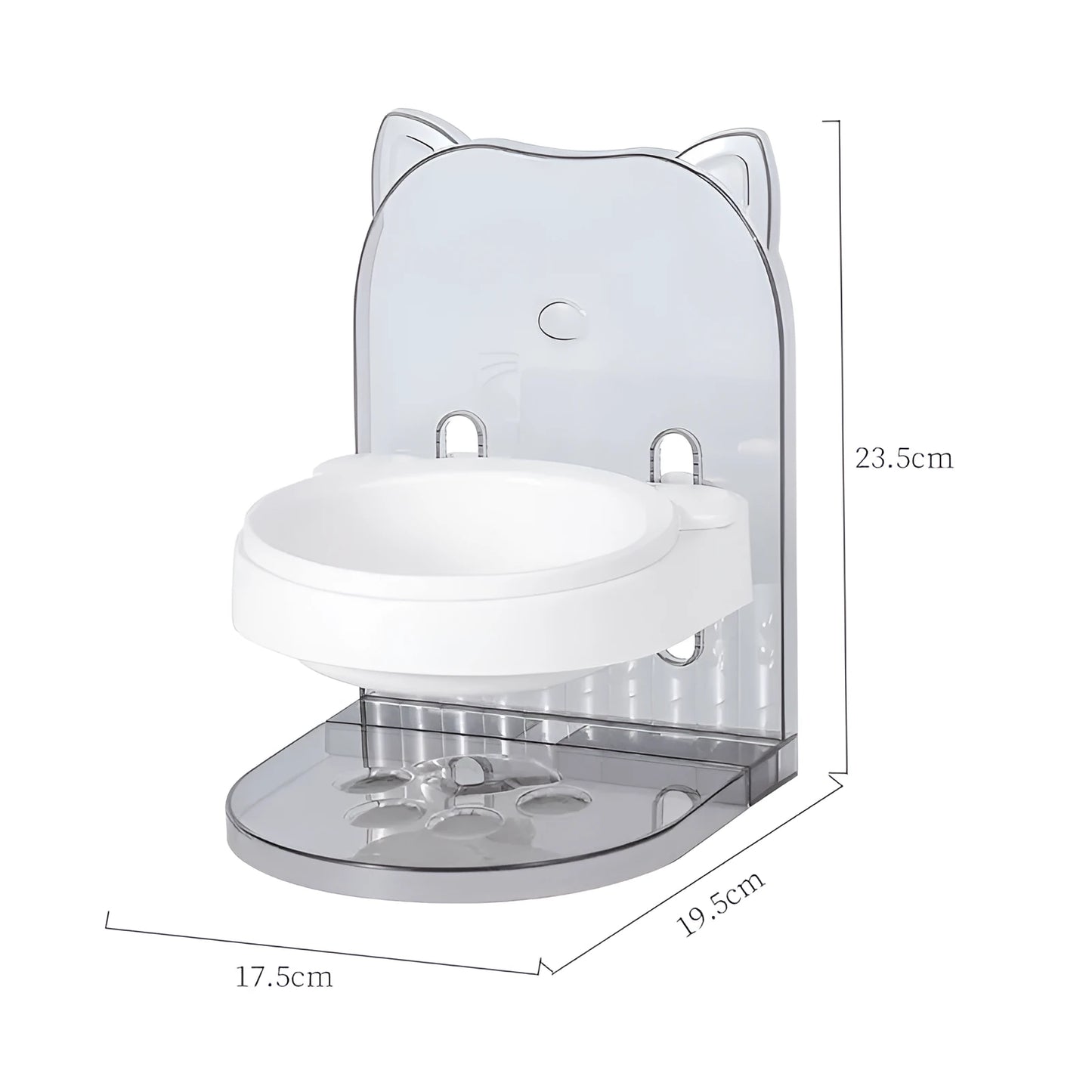 Grey adjustable height cat feeding bowl with removable cat ears and anti-spill barrier