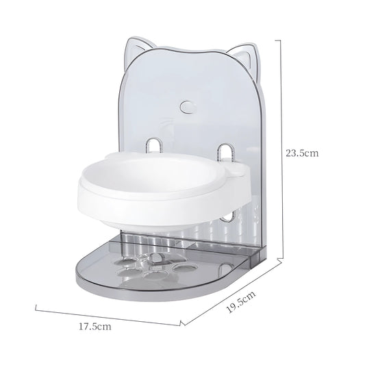 Grey adjustable height cat feeding bowl with removable cat ears and anti-spill barrier