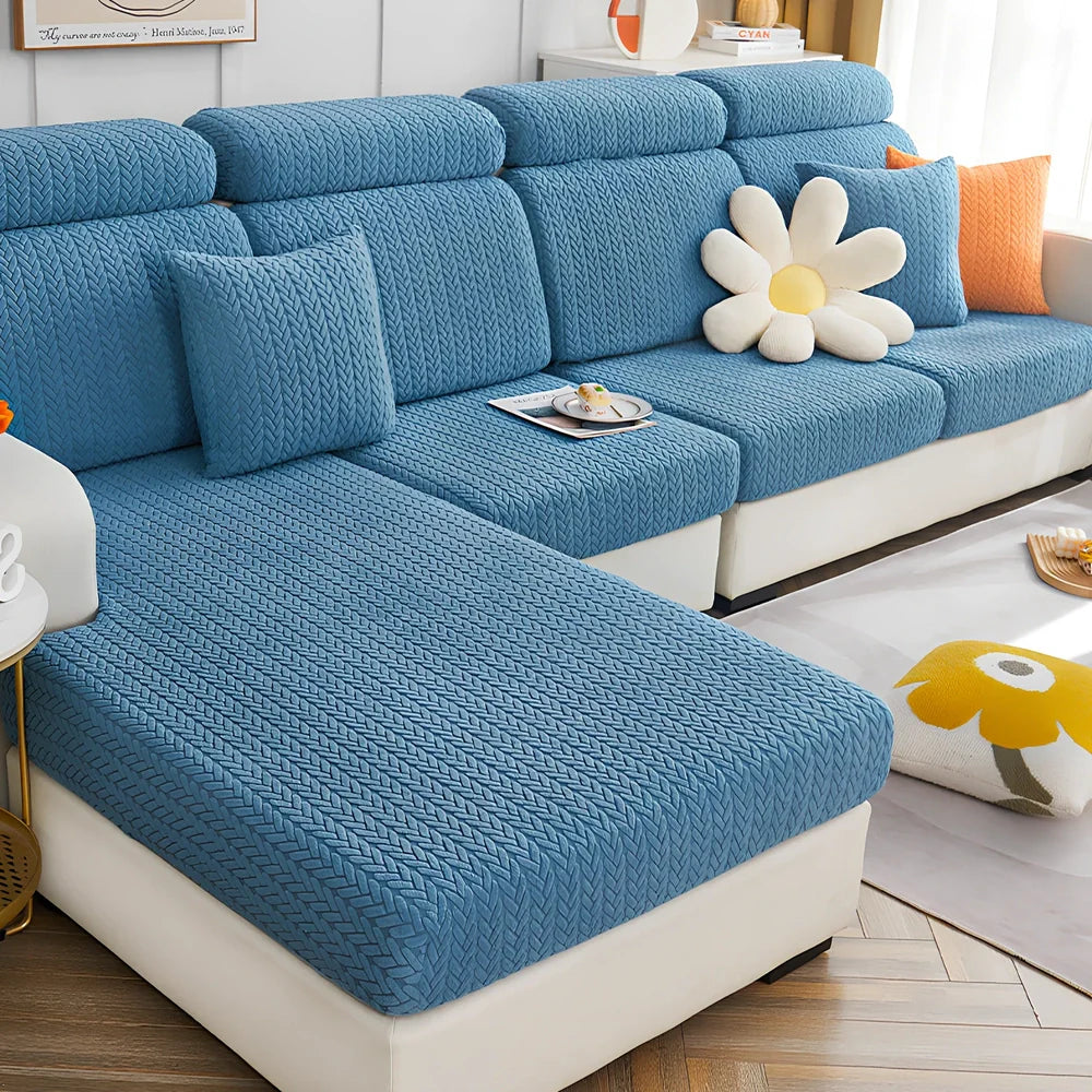 Elastic sofa cover with plant flower pattern on combination sofa in lake blue colour