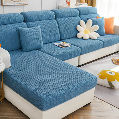 Elastic sofa cover with plant flower pattern on combination sofa in lake blue colour