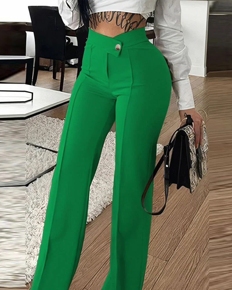 Women's slim straight-leg pants with buckle detail in various colors
