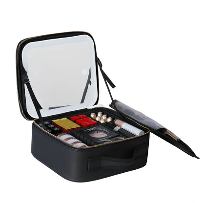 26x23x11cm cosmetics storage bag with LED mirror light in polyurethane leather