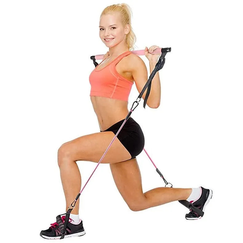 Rope Stretch Fitness Stick 11-piece Set for women resistance training with TPE material in adjustable 60lb, 80lb, 100lb, 140lb, 180lb tension options in pink, purple, and black colours for home workout and strength exercise