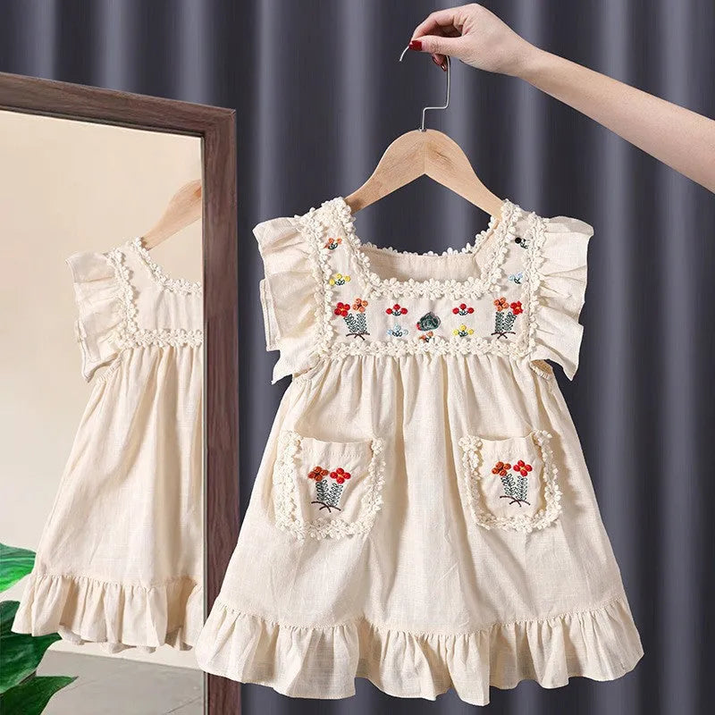 Baby girl sleeveless cotton vest dress in solid colour suit skirt style for summer, heights 90-140 yards