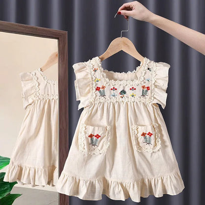 Baby girl sleeveless cotton vest dress in solid colour suit skirt style for summer, heights 90-140 yards