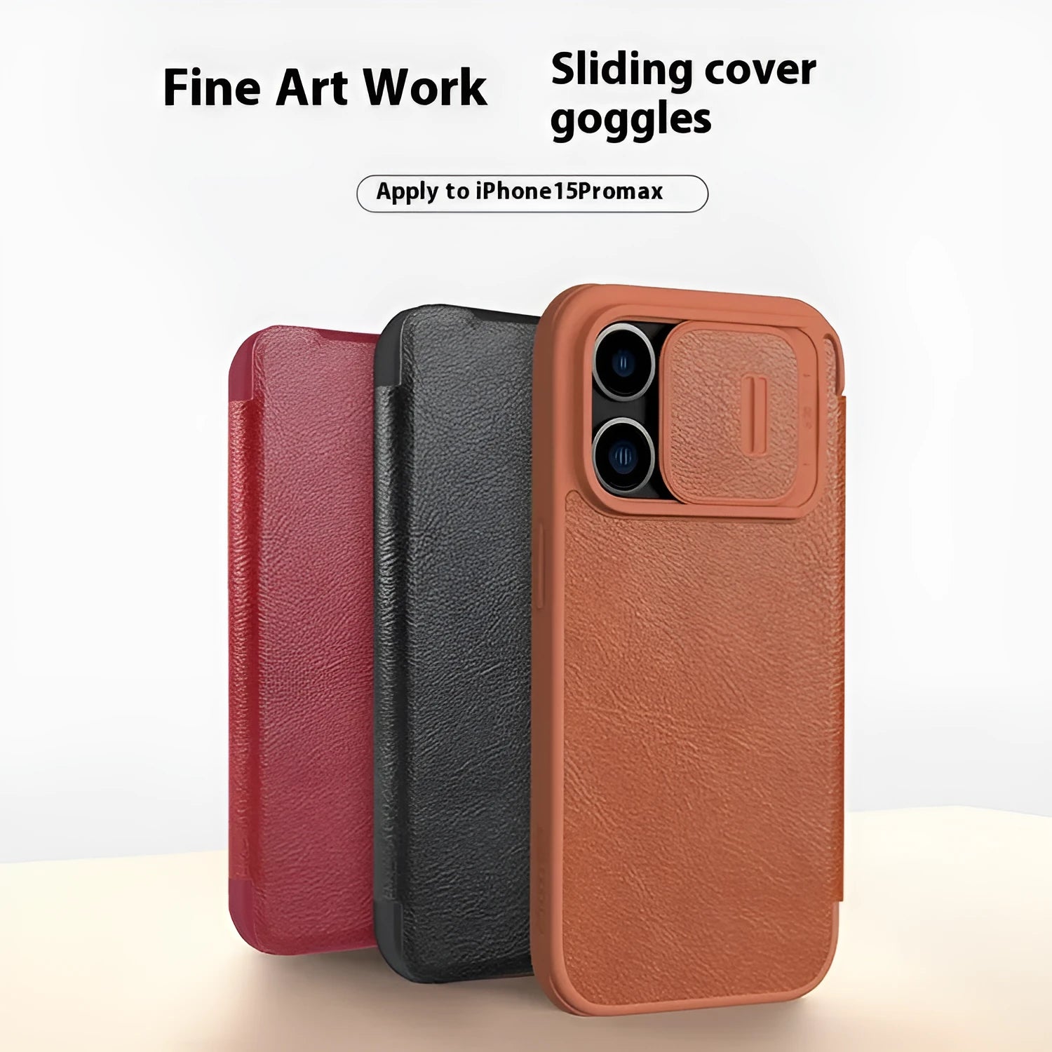 Flip-style imitation leather phone case for iPhone 14 Pro Max in black, brown, and red colour options