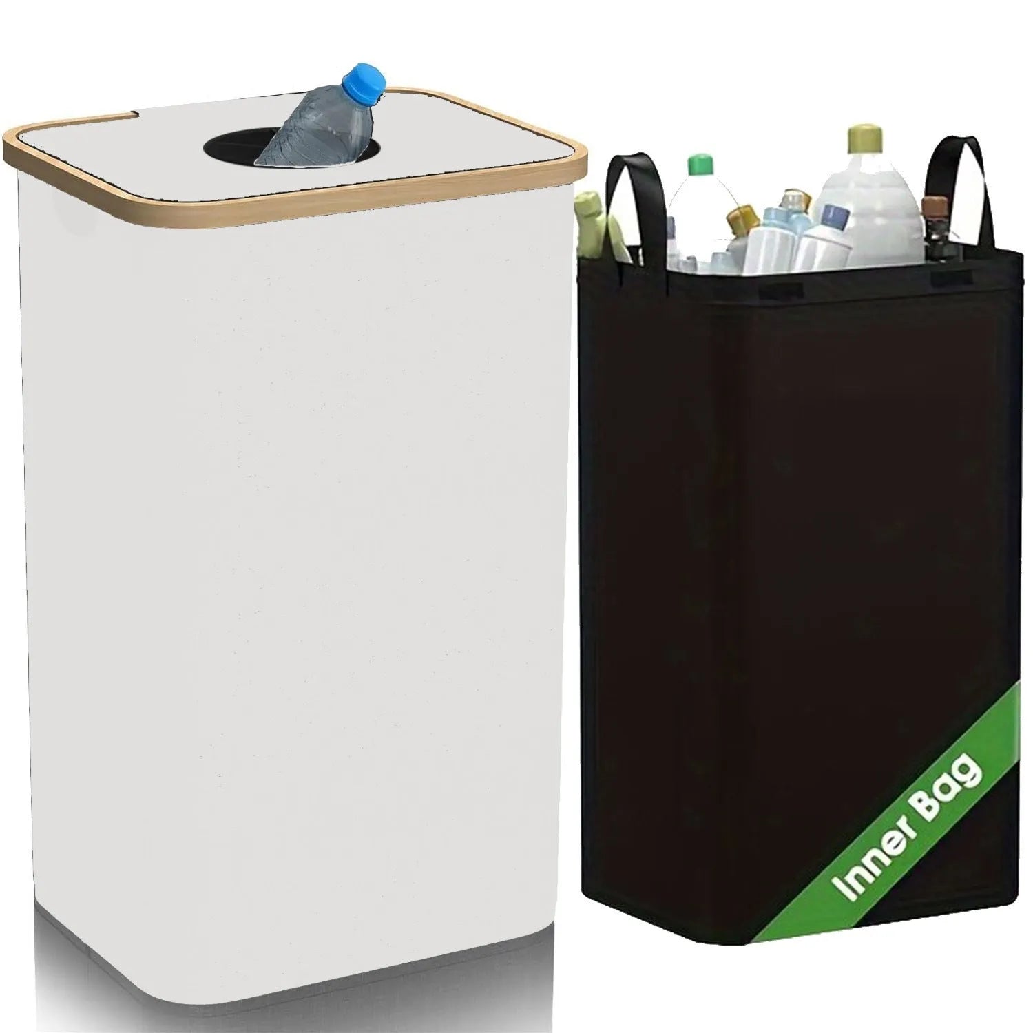 Black bamboo-framed recycling storage basket with a removable lid and two visible inner fabric pockets.