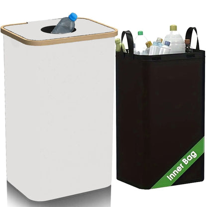 Black bamboo-framed recycling storage basket with a removable lid and two visible inner fabric pockets.