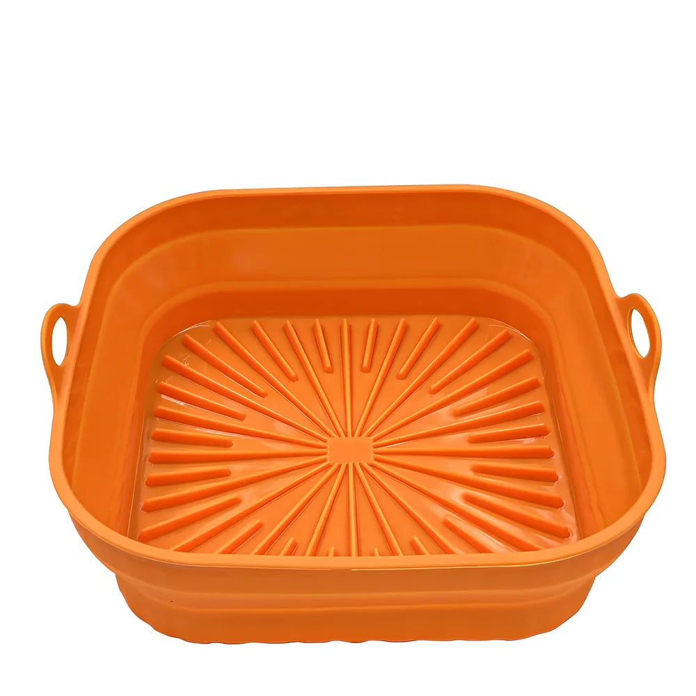 Square and round silicone air fryer liners with non-slip base in five colours including grey and pink