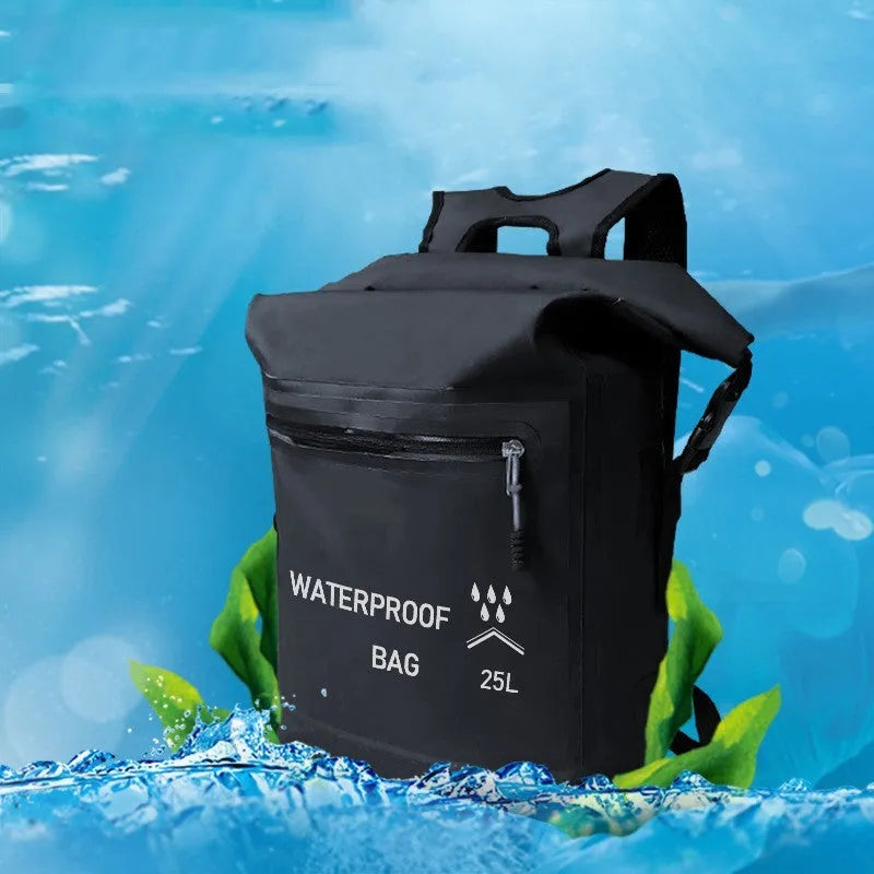 Black 25-litre waterproof backpack for swimming and rafting, showing 500D mesh clips.